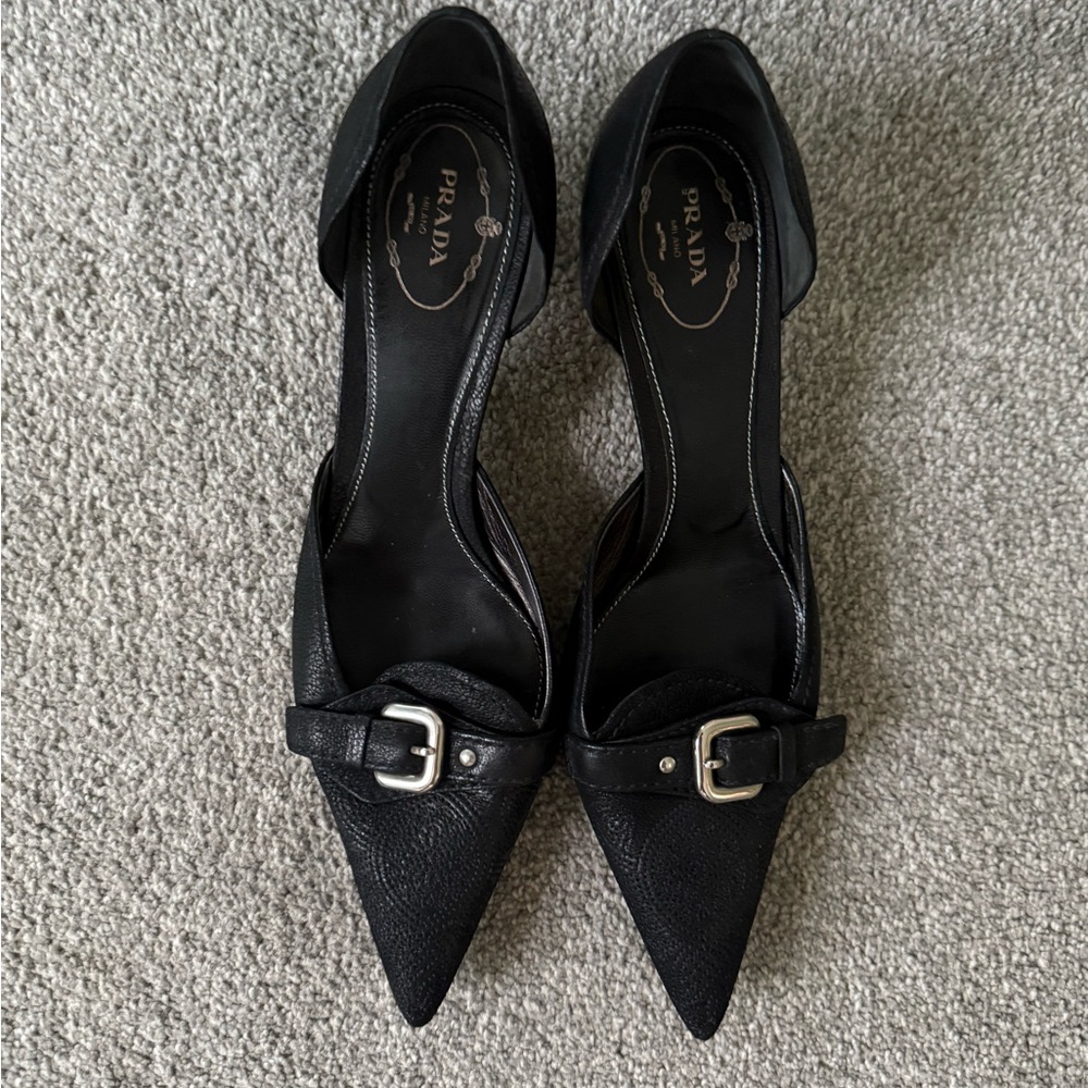 Prada Black Leather Kitten Heel with Buckle Shoes